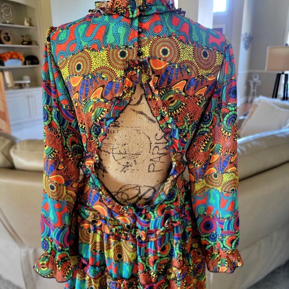 It's Bohemian Multicolor Long-Sleeve Deep V-Neck Ruffle Dress -US L - Picture 6 of 9